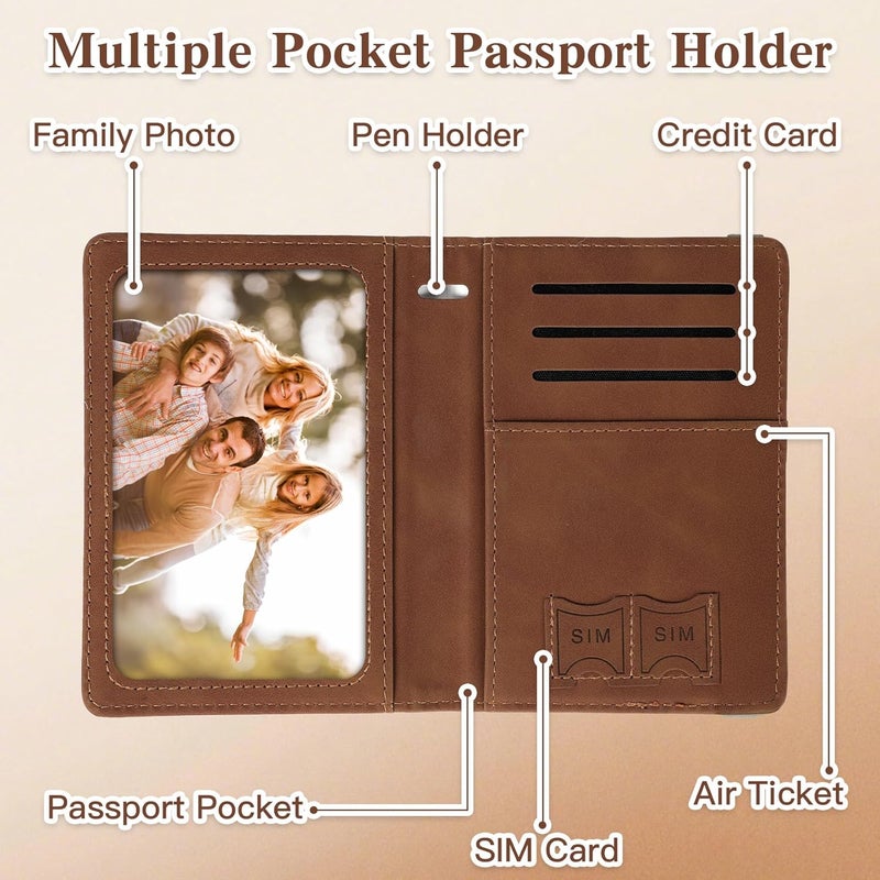 RHOttbiy Passport Holder for Travel, RFID Blocking Passport Cover with Pen Holder Leather Passport Wallet Case Travel Must Haves Accessories Passport Book Card Holder for Family Travel Essentials Gifts, Brown - Image 5